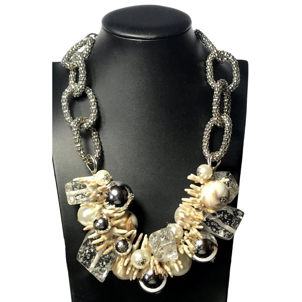Vintage Chunky Runway Maximalist Bib Necklace Lucite Silver Tone Faux Pearl